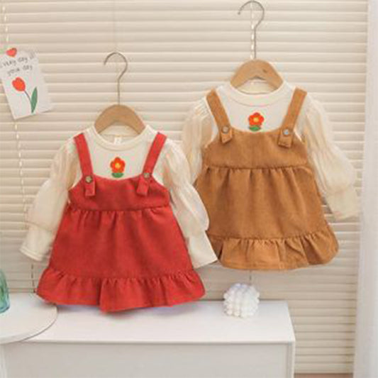 Adorable Baby Girls Ruffled Overalls Set - Cute Red and Brown Overalls with White Ruffles