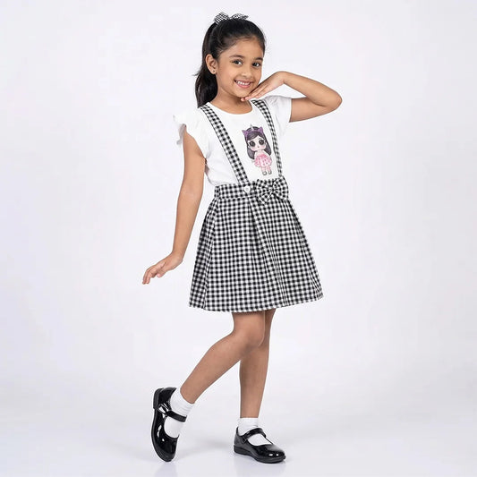 Girls Jumpsuit, Black and White Checkered Dress with Kawaii Anime Character, Casual Fashion