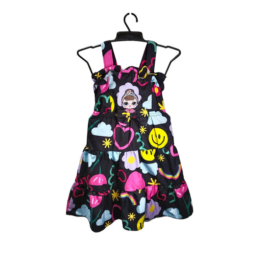 Black Dress with Colorful Prints and Pockets, Girls' Party Outfit