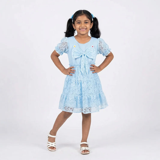 Blue Floral Lace Child's Dress with Ruffle Sleeeves - Girls' Party Dress