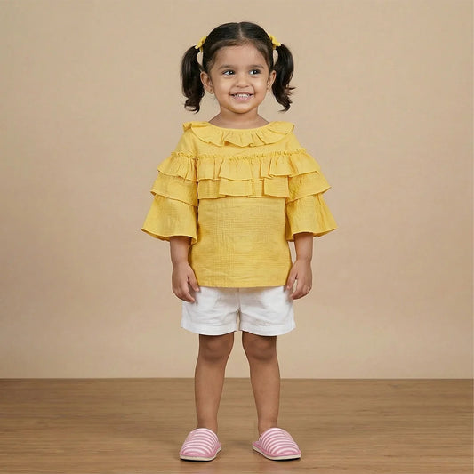 Yellow Puffer Coat with Ruffled Sleeve Detail