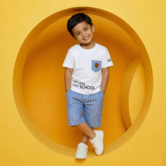 Adorable Kids Pajamas Set with Hilarious School Tee - Perfect for Back-to-School Fun! (White and Blue)