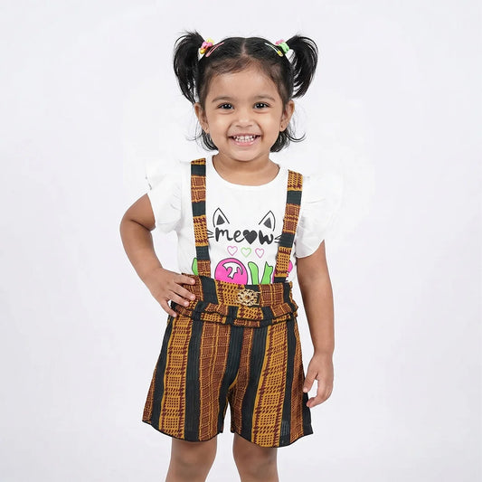 Colorful Patterned Overalls with Cat Print T-shirt