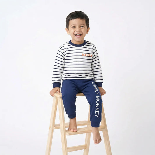 Blue and White Striped Infant Outfit with Logo | L100 - Hooded Sweatshirt & Pants Set