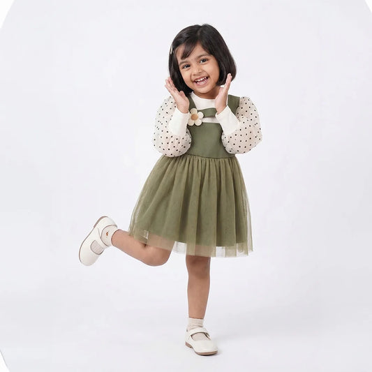 Elegant Baby Girl Dress | Pastel Green Chiffon with White Polka Dots | Floral Jumper