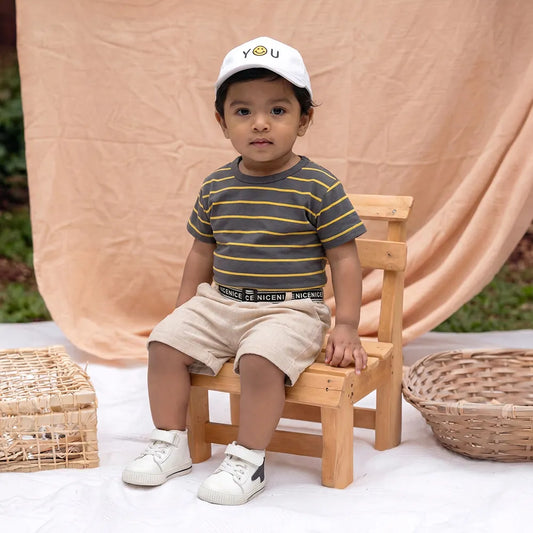 Fashionable Striped T-shirt with Cute Shorts Set, Kids' Summer Outfit Set (Cotton, Yellow and Gray Stripes)