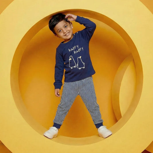 Happy Baby Onesie with Birds and Striped Pants Set, Blue and White