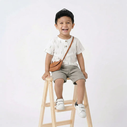 Infant Short Sleeve Onesie with Pine Tree Print and Grey Cuffed Shorts - Unisex