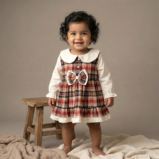 Vintage Plaid Dress with Bow, Girl's Size 6-8