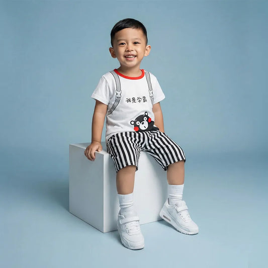 White T-shirt and Black Shorts Set with Animal Logo