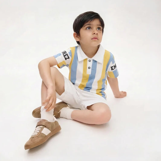 Yellow and Blue Children's Short Sleeve Shirt and Shorts Set with White Lettering.