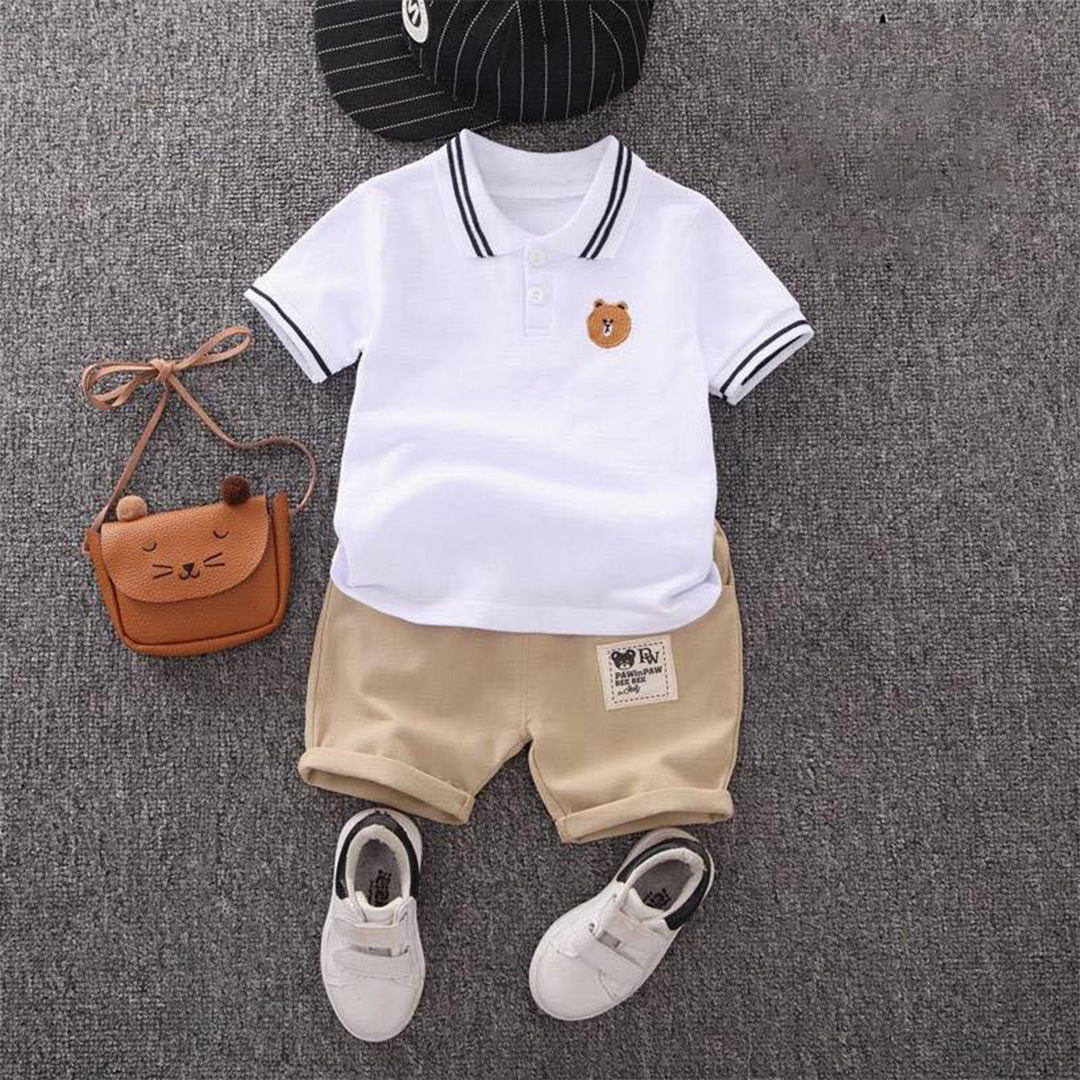 Infant Uniform with Teddy Bear Accessories - Classic White Polo with Brown Stripes
