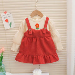 Adorable Baby Girls Ruffled Overalls Set - Cute Red and Brown Overalls with White Ruffles