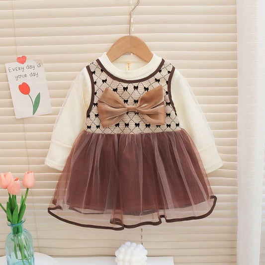 Adorable Brown Bow Baby Dress with Lace Trim & Ruffle Sleeve (Pink Flowers, Romper Set)
