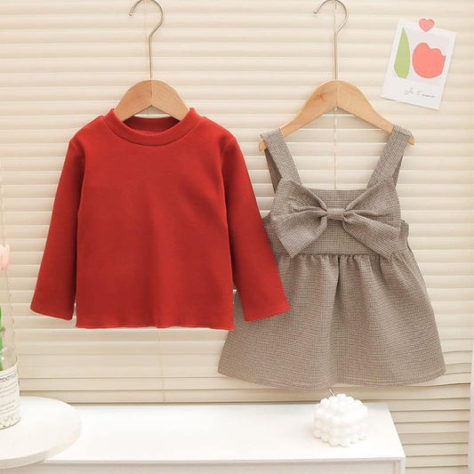 Adorable Baby Girl's Red Plaid Overalls with Bow, Casual Wear