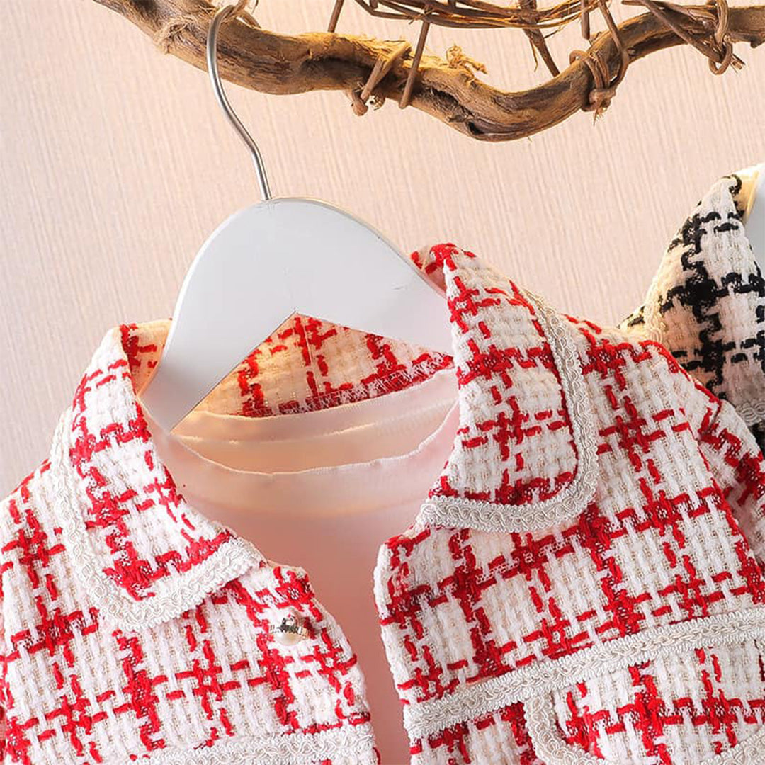 Chic Baby Girls' Jacket and Skirt Set with Ruffled Collar and Heart Buttons - Adorable Red Plaid