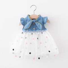 Blue Bow Baby Dress Skirt with Pockets and Tie-Dye Stars