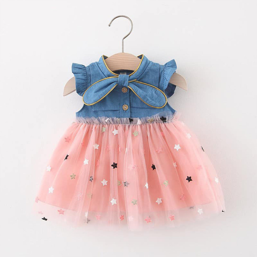 Adorable Blue Baby Girl Skirted Tunic with Pink Stars and Bow