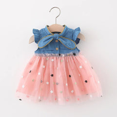 Adorable Blue Baby Girl Skirted Tunic with Pink Stars and Bow