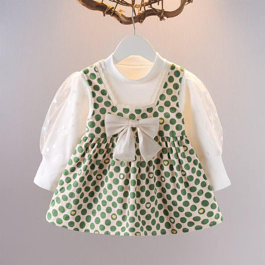 Adorable Baby Girl's Vintage Polka Dot Dress, Perfect for Easter, Pastel Green and White Floral Pattern with Ruffles