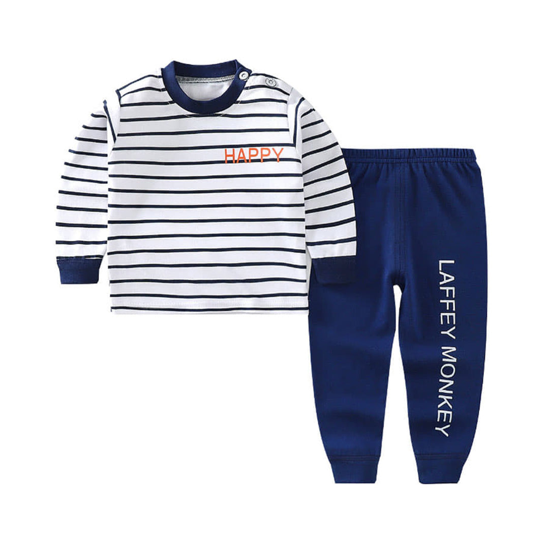 Blue and White Striped Infant Outfit with Logo | L100 - Hooded Sweatshirt & Pants Set