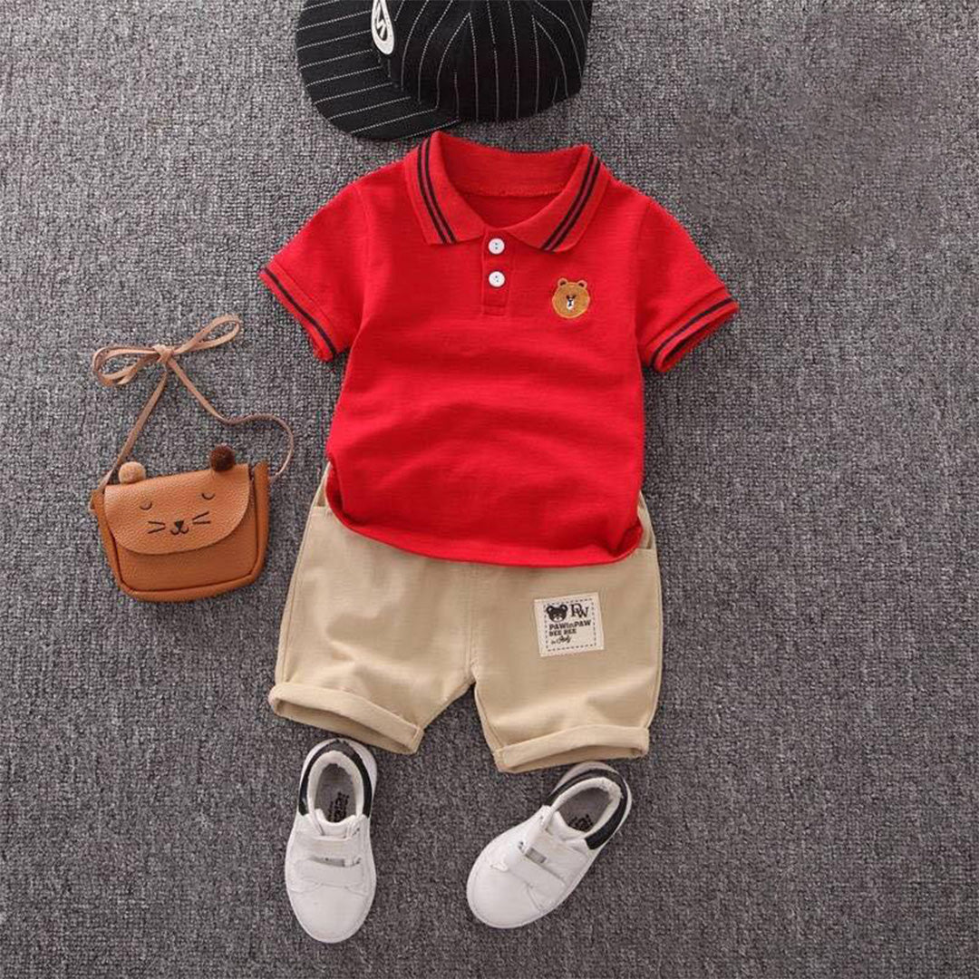 Chic Toddler Outfit: Red Polo Shirt and Beige Shorts with White Stripes
