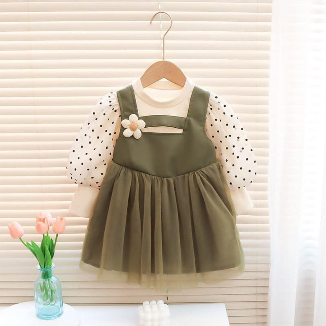 Elegant Baby Girl Dress | Pastel Green Chiffon with White Polka Dots | Floral Jumper