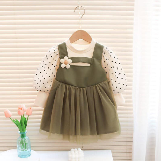 Elegant Baby Girl Dress | Pastel Green Chiffon with White Polka Dots | Floral Jumper