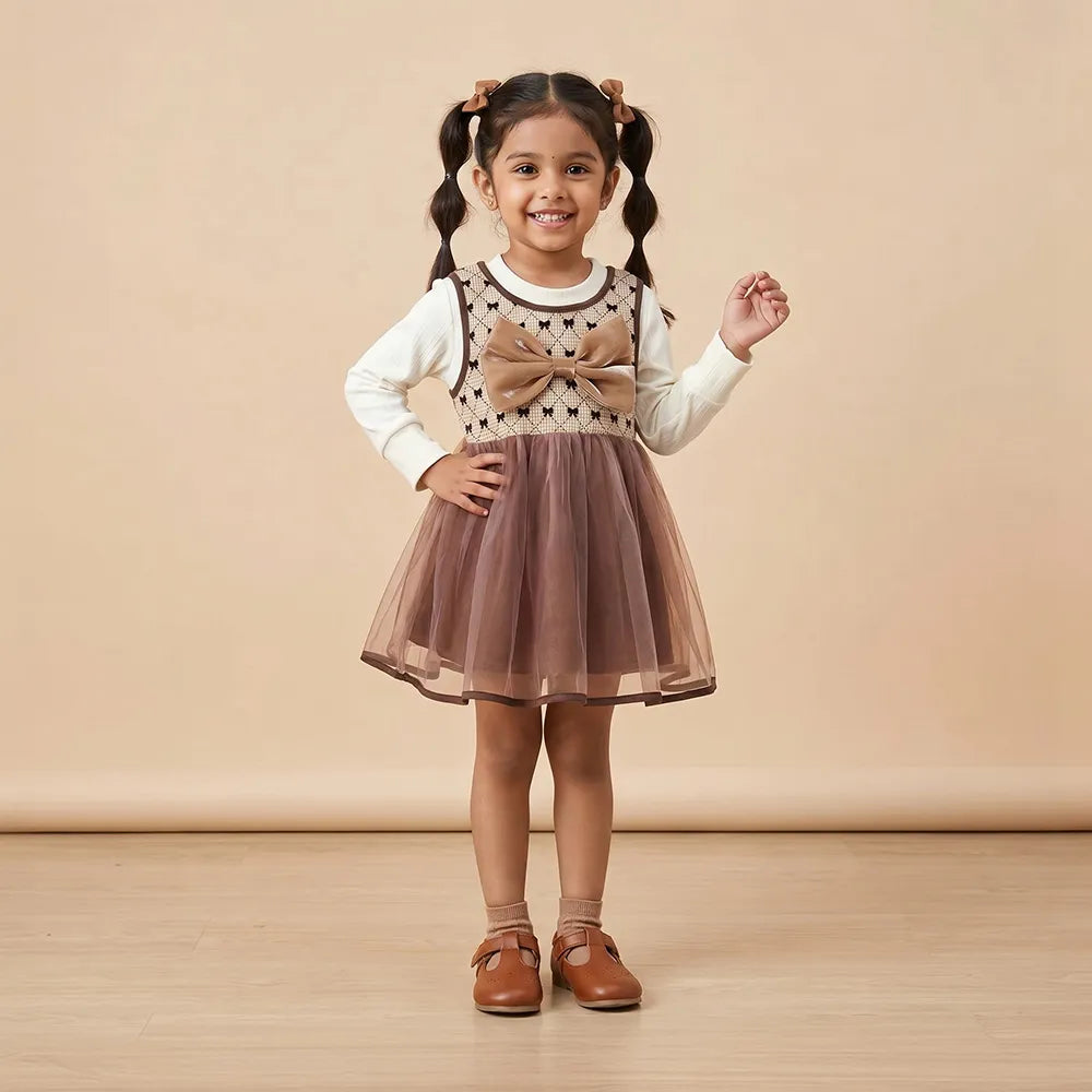 Adorable Brown Bow Baby Dress with Lace Trim & Ruffle Sleeve (Pink Flowers, Romper Set)