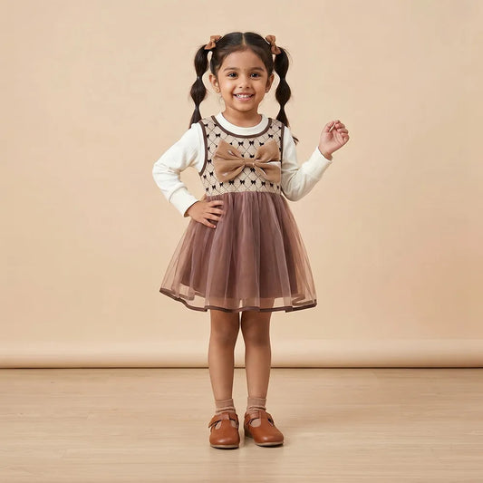 Adorable Brown Bow Baby Dress with Lace Trim & Ruffle Sleeve (Pink Flowers, Romper Set)