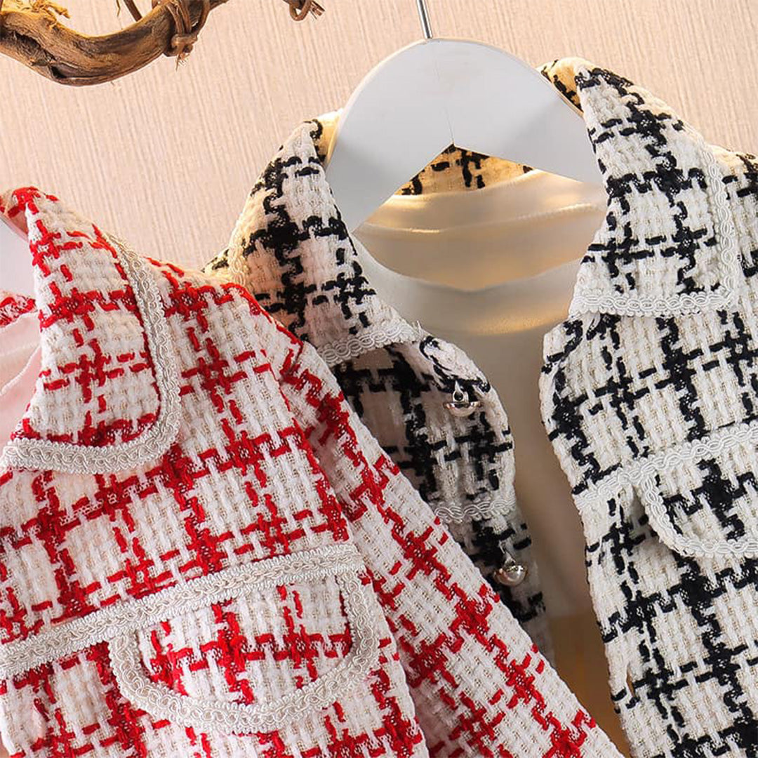 Chic Baby Girls' Jacket and Skirt Set with Ruffled Collar and Heart Buttons - Adorable Red Plaid