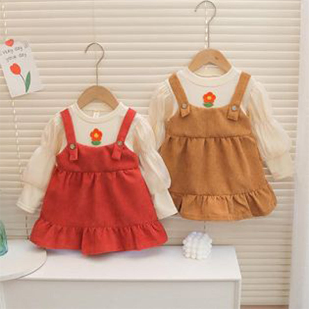 Adorable Baby Girls Ruffled Overalls Set - Cute Red and Brown Overalls with White Ruffles