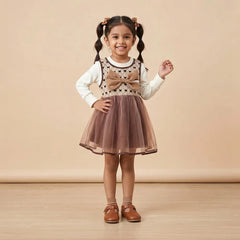 Adorable Brown Bow Baby Dress with Lace Trim & Ruffle Sleeve (Pink Flowers, Romper Set)