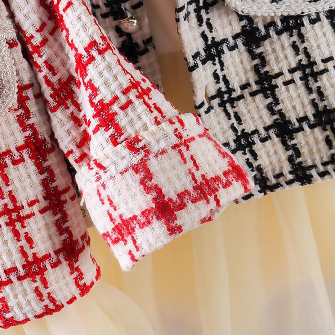 Chic Baby Girls' Jacket and Skirt Set with Ruffled Collar and Heart Buttons - Adorable Red Plaid