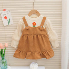 Adorable Baby Girls Ruffled Overalls Set - Cute Red and Brown Overalls with White Ruffles