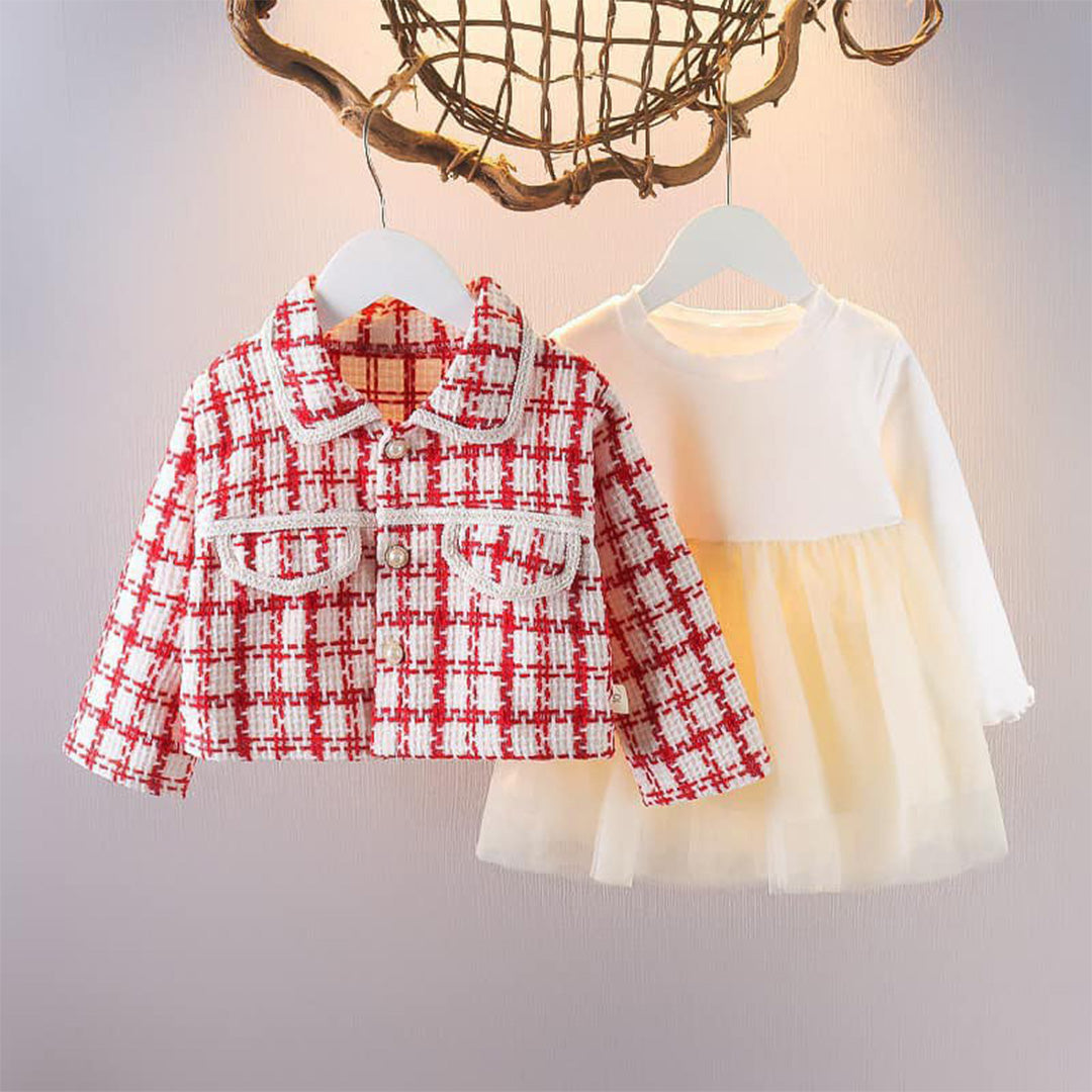 Chic Baby Girls' Jacket and Skirt Set with Ruffled Collar and Heart Buttons - Adorable Red Plaid