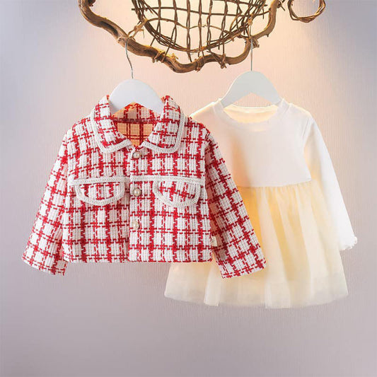 Chic Baby Girls' Jacket and Skirt Set with Ruffled Collar and Heart Buttons - Adorable Red Plaid