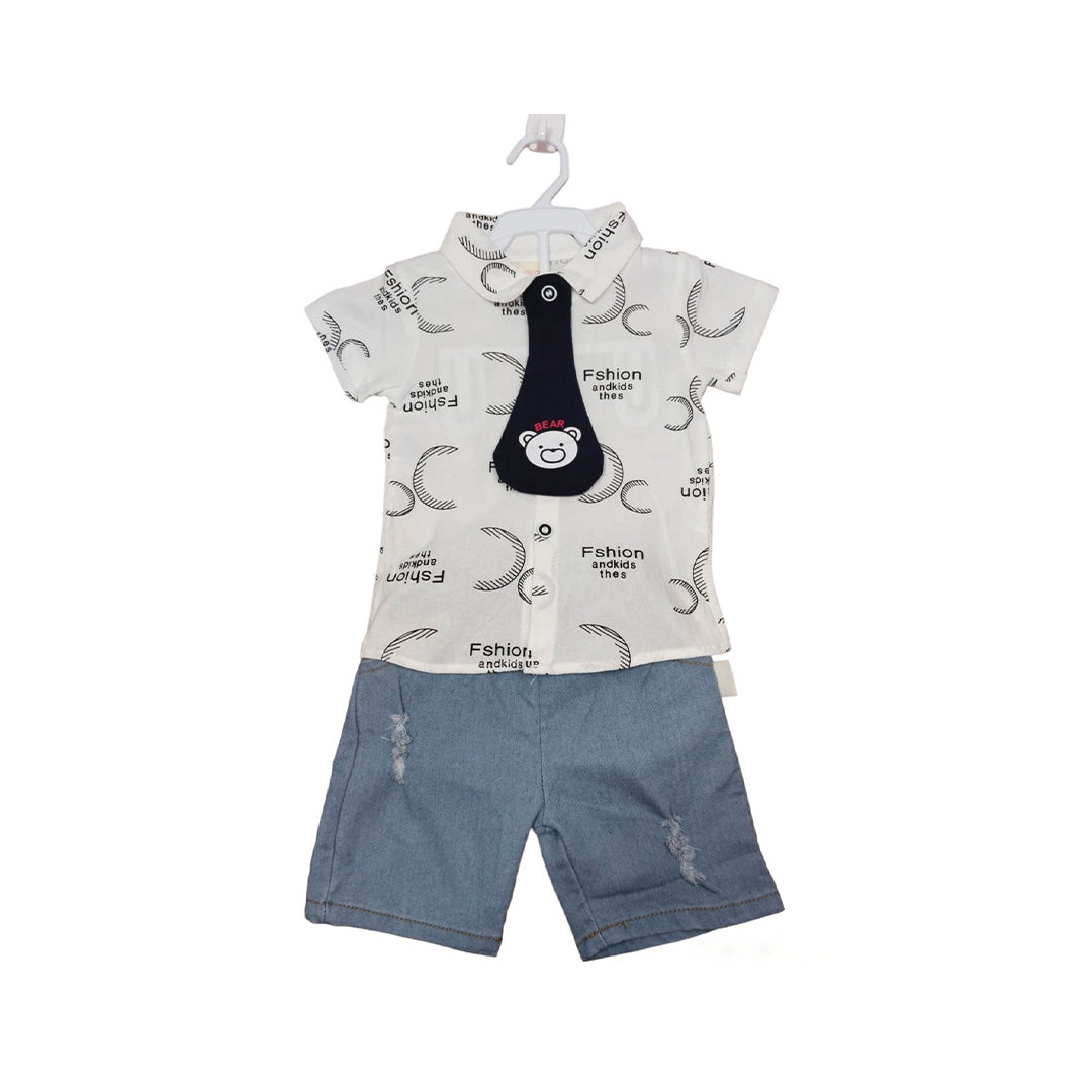 Short Sleeve Baby Vest with Cute Monkey Graphic and Denim Shorts Set