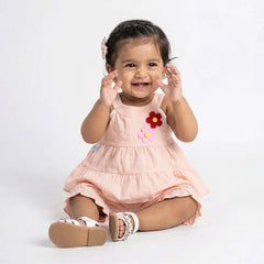Peach Ruffled Romper with Flower Applique - Adorable Toddler Outfit