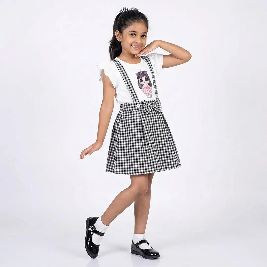 Girls Jumpsuit, Black and White Checkered Dress with Kawaii Anime Character, Casual Fashion