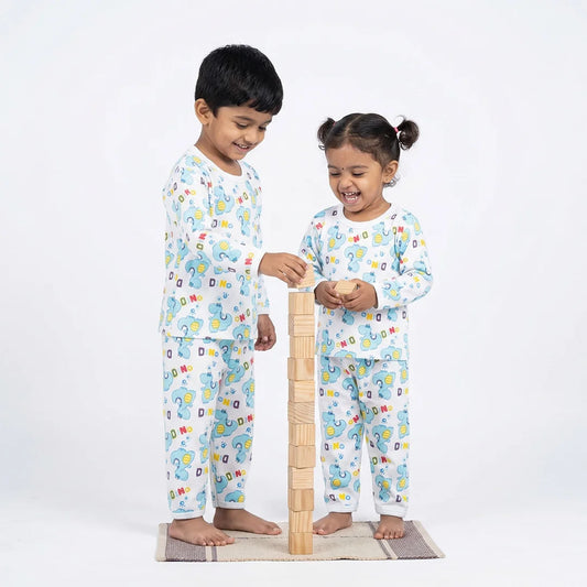 Children's One-Piece Pajamas, Blue Pajama Set with Stuffed Animal Pattern.