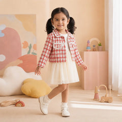 Chic Baby Girls' Jacket and Skirt Set with Ruffled Collar and Heart Buttons - Adorable Red Plaid