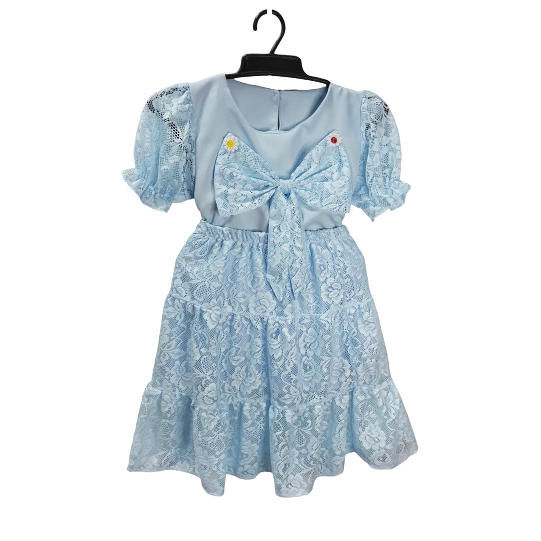 Blue Floral Lace Child's Dress with Ruffle Sleeeves - Girls' Party Dress