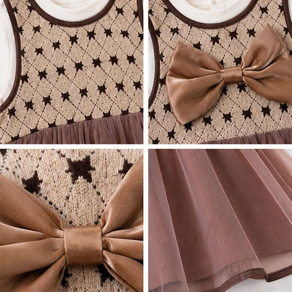 Adorable Brown Bow Baby Dress with Lace Trim & Ruffle Sleeve (Pink Flowers, Romper Set)