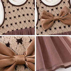 Adorable Brown Bow Baby Dress with Lace Trim & Ruffle Sleeve (Pink Flowers, Romper Set)