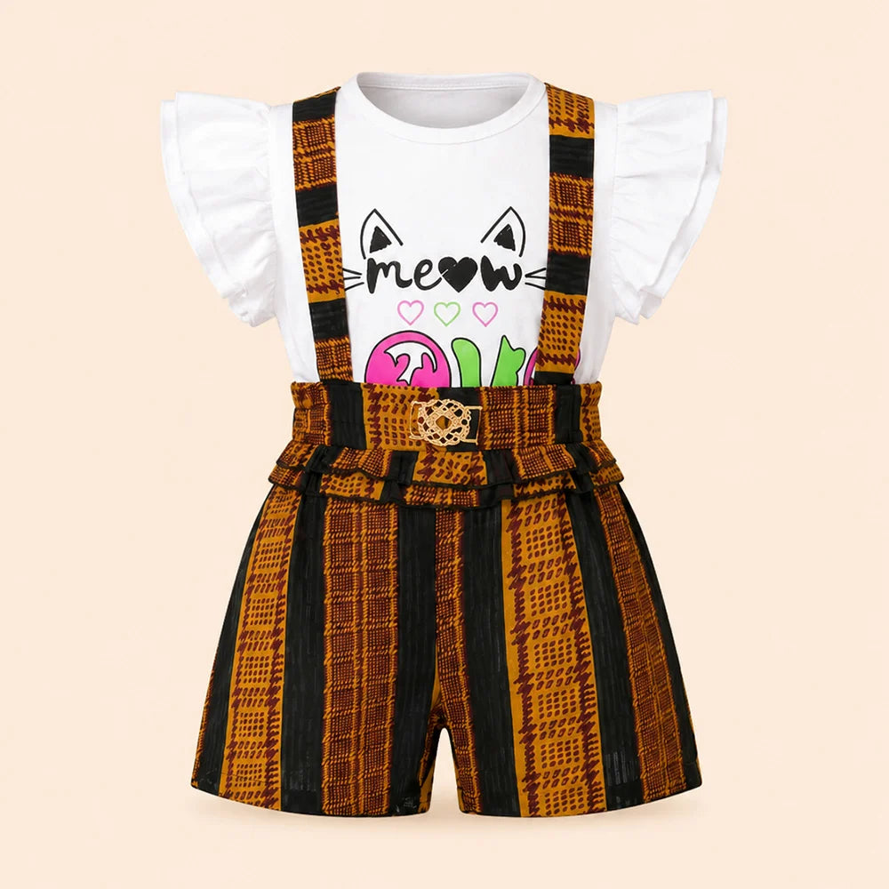 Colorful Patterned Overalls with Cat Print T-shirt