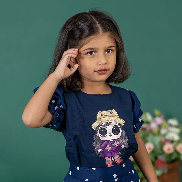 Baby Girl T-Shirt - Blue with Pink Character - Long Sleeves