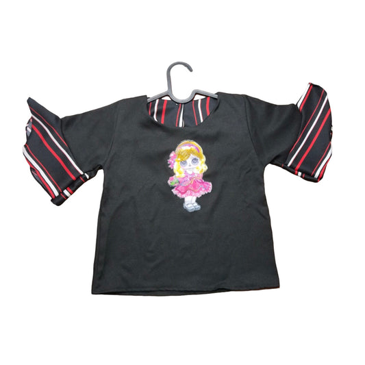 Vintage Black Embroidered Shirt with Red Sleeve Detail - Girls Fashion