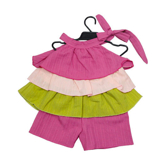 Kids Summer Fashion Set - Colorful Ruffle Romper, Pink & Green Shorts.