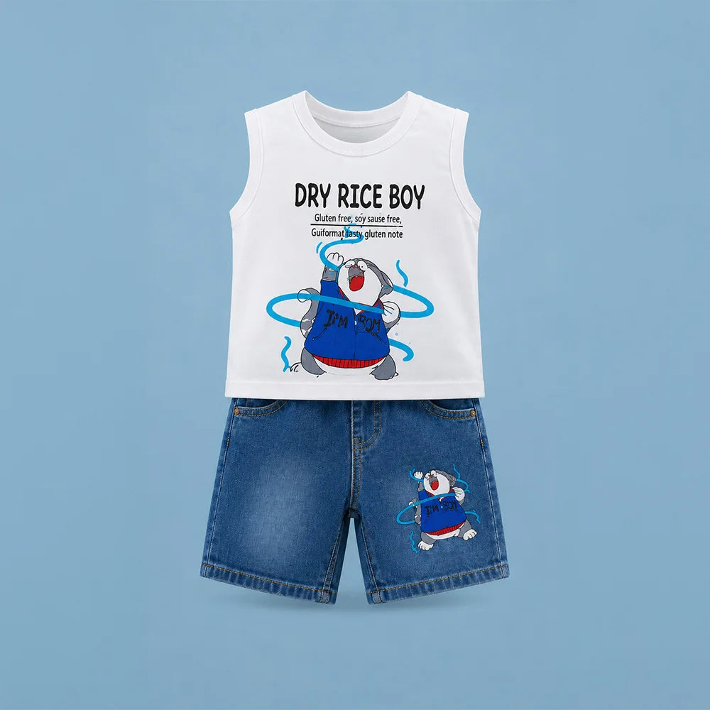 Adorable Baby's Dry Rice Boy Denim Tank & Jeans Outfit